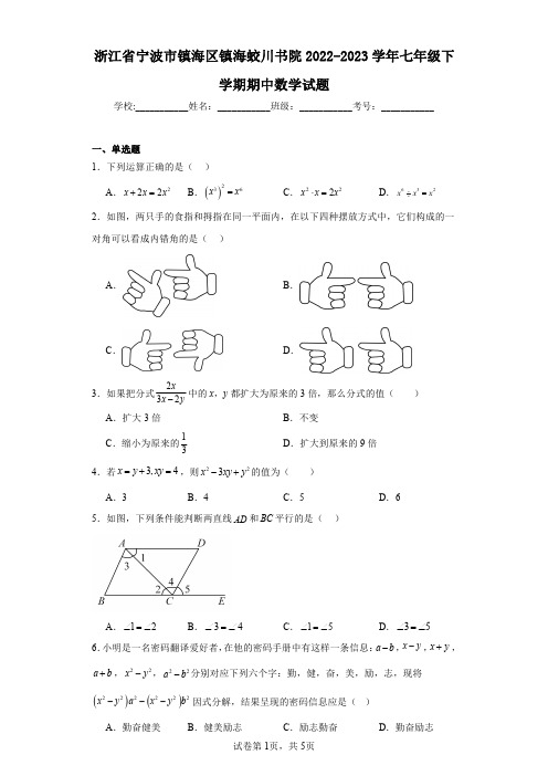 浙江省宁波市镇海区镇海蛟川书院2022-2023学年七年级下学期期中数学试题