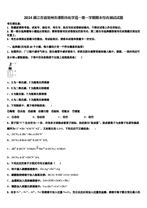 2024届江苏省常州市溧阳市化学高一第一学期期末综合测试试题含解析