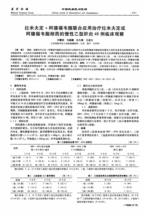 拉米夫定+阿德福韦酯联合应用治疗拉米夫定或阿德福韦酯耐药的慢性乙型肝炎48例临床观察