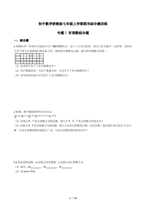 初中数学浙教版七年级上学期期末综合题训练专题1 有理数综合题