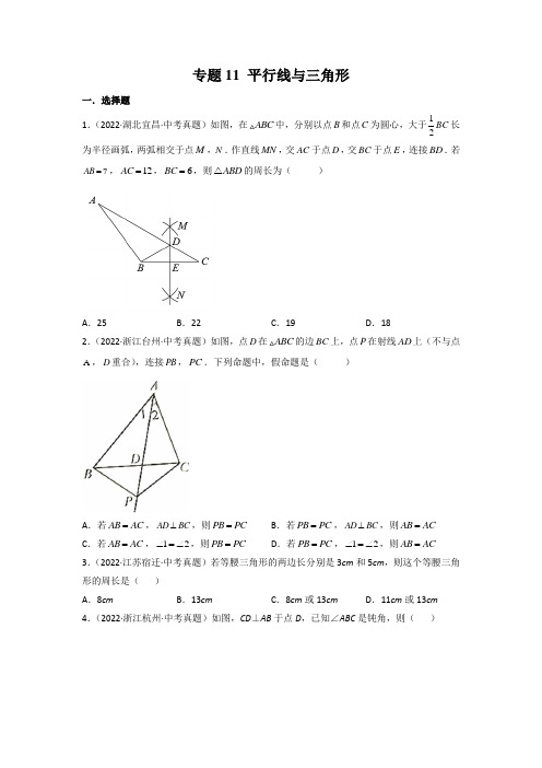 专题11 平行线与三角形-2022年中考数学真题分项汇编(全国通用)(原卷版)