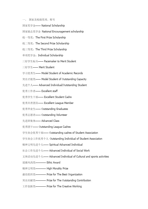 学生奖项英文英译