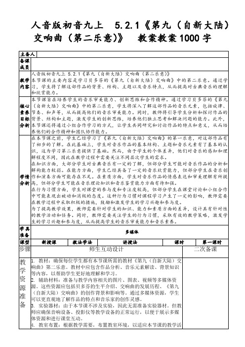 人音版初音九上5.2.1《第九(自新大陆)交响曲(第二乐意)》教案教案1000字