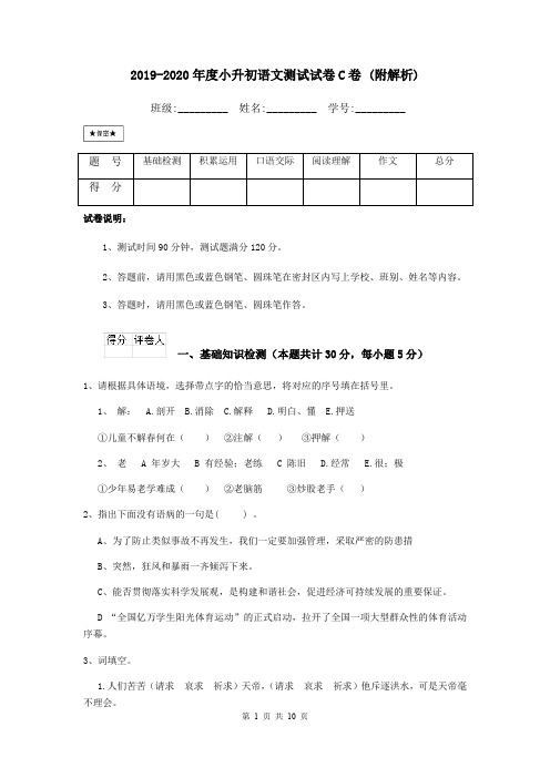 2019-2020年度小升初语文测试试卷C卷 (附解析)