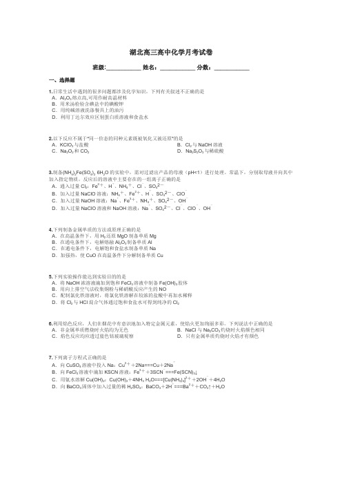 湖北高三高中化学月考试卷带答案解析
