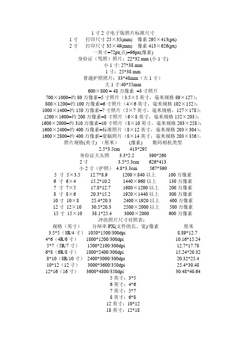 1寸2寸电子版及各种证件照片标准尺寸