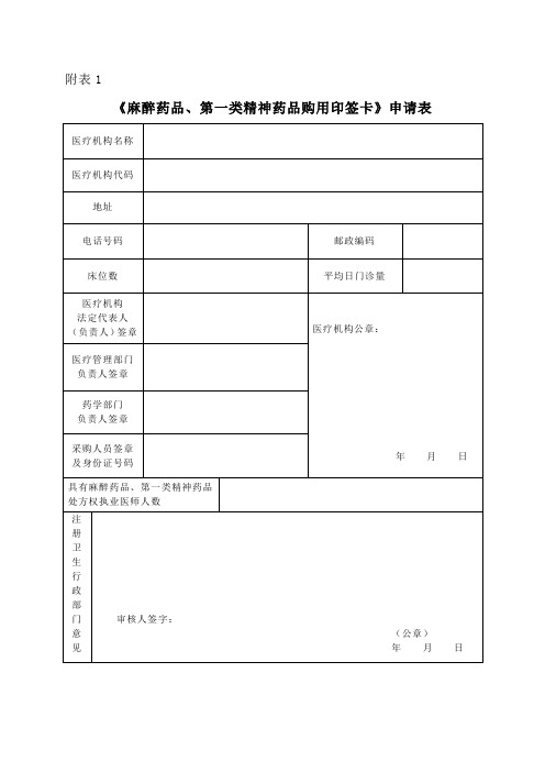 麻醉药品 第一类精神药品购用印鉴卡申请表