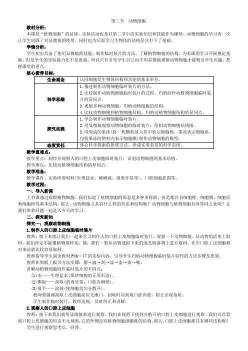 第三节动物细胞教学设计-2023-2024学年人教版生物七年级上册