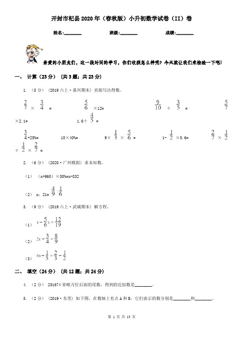 开封市杞县2020年(春秋版)小升初数学试卷(II)卷