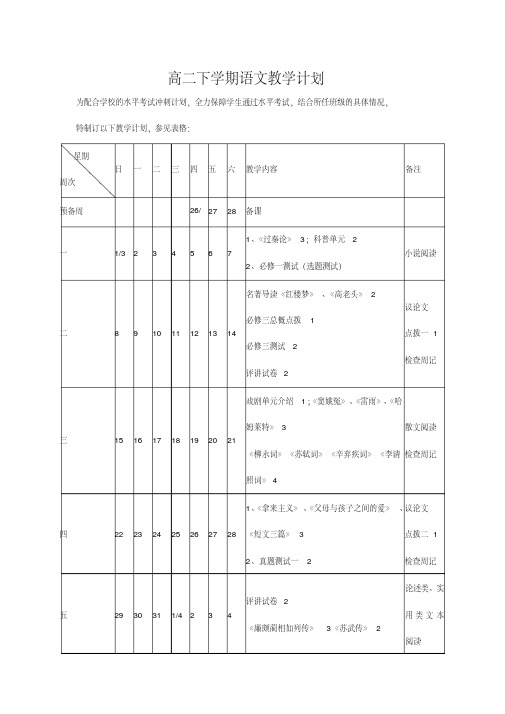 2016-2017学年高二下学期语文教学计划