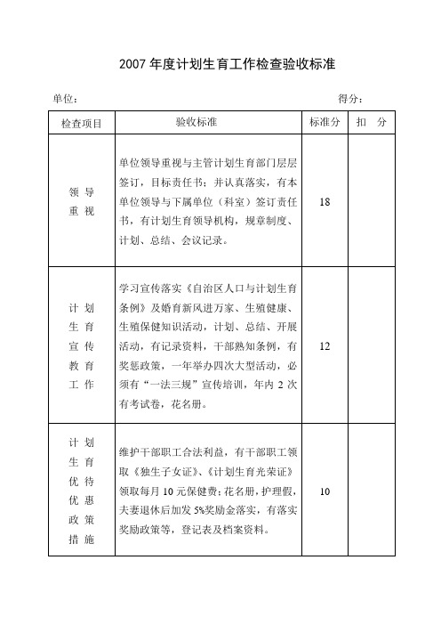 计划生育工作验收标准