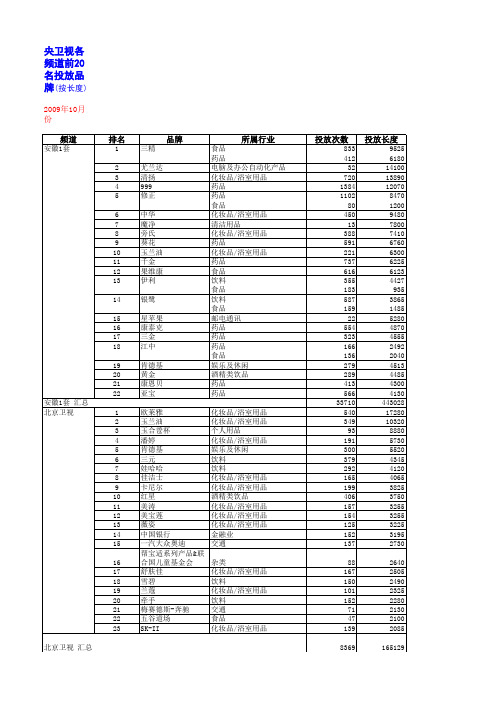 2009年10月  央卫视广告投放  行业品牌排名等