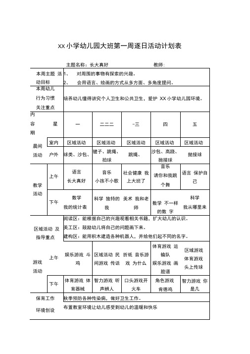 幼儿园大班第一周逐日活动计划表