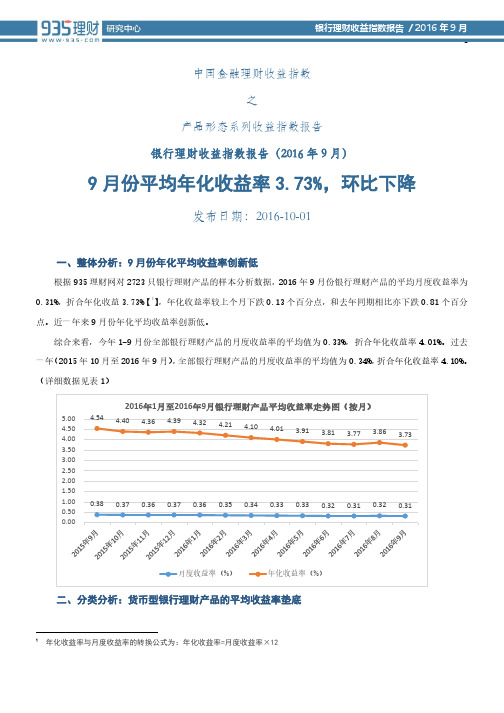 935理财：银行理财收益指数报告(2016年9月)