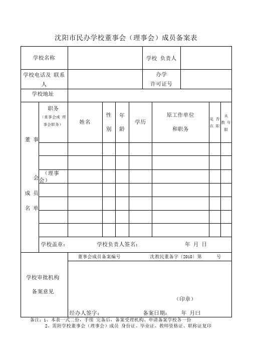 沈阳市民办学校董事会成员备案表