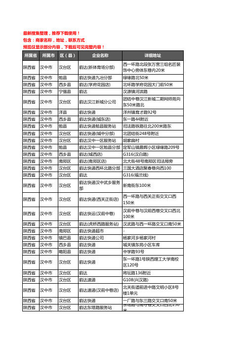 新版陕西省汉中市韵达快递企业公司商家户名录单联系方式地址大全51家