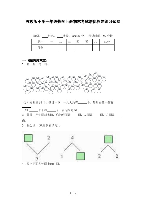 苏教版小学一年级数学上册期末考试培优补差练习试卷