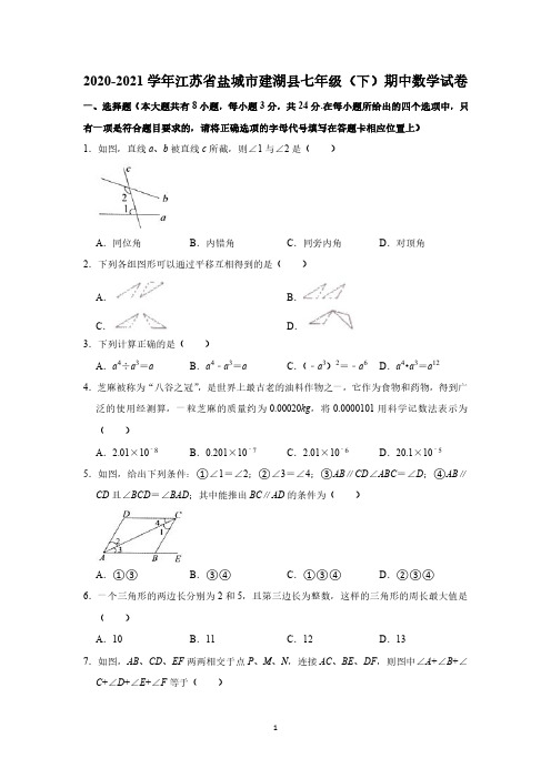 2020-2021学年江苏省盐城市建湖县七年级(下)期中数学试卷