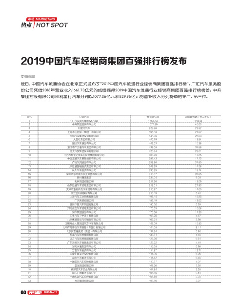 2019中国汽车经销商集团百强排行榜发布