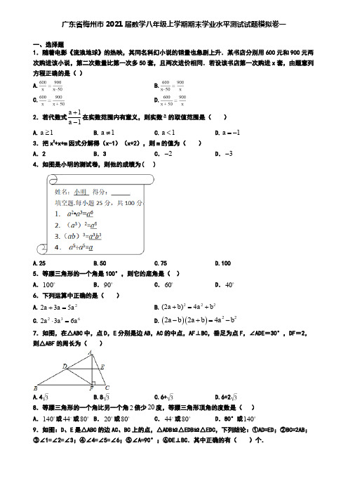 广东省梅州市2021届数学八年级上学期期末学业水平测试试题模拟卷一