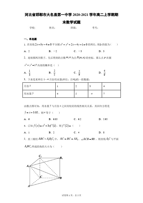 河北省邯郸市大名县第一中学2020-2021学年高二上学期期末数学试题