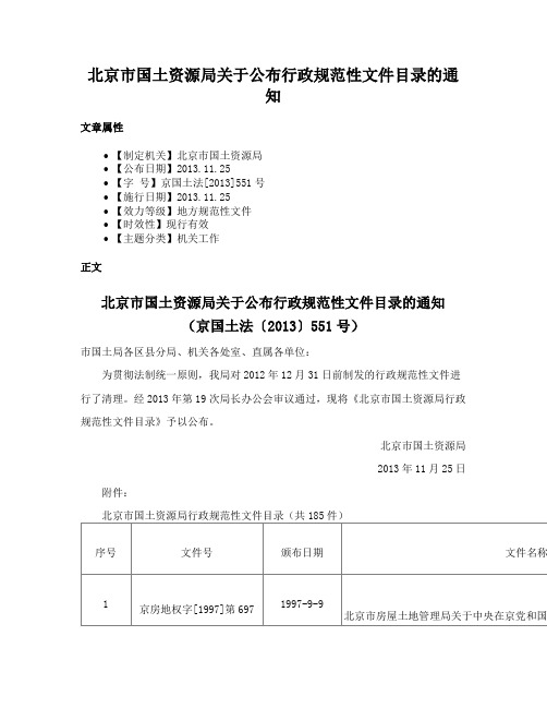 北京市国土资源局关于公布行政规范性文件目录的通知