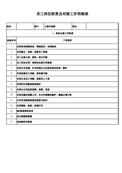 人事-员工岗位职责及对接工作明细表