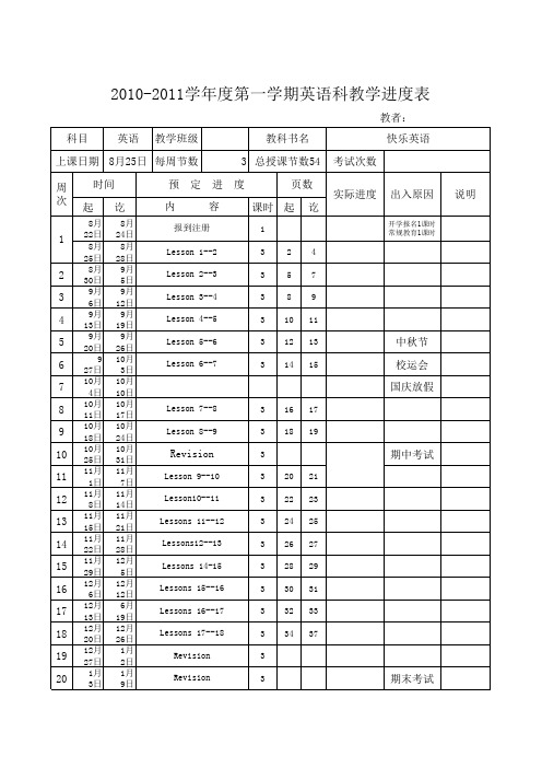 2010年秋季一年级英语上册课时计划之教学进度表