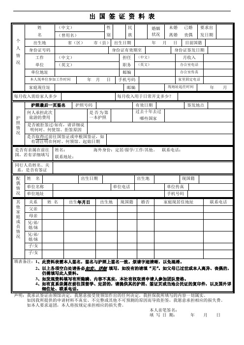 个人资料表-签证西班牙