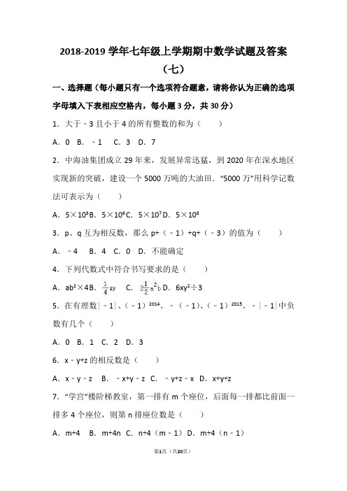 2018-2019学年七年级上学期期中数学试题及答案(七)
