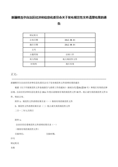 新疆维吾尔自治区经济和信息化委员会关于发布规范性文件清理结果的通告-