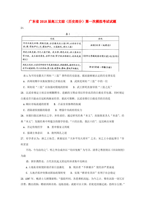 广东省2018届高三文综历史部分第一次模拟考试试题