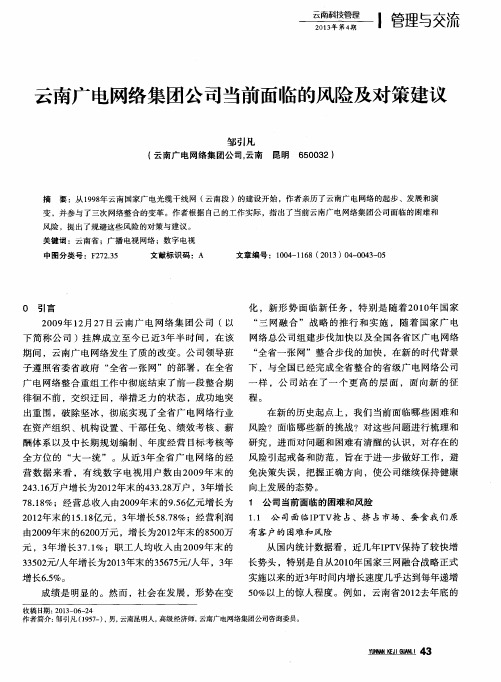 云南广电网络集团公司当前面临的风险及对策建议