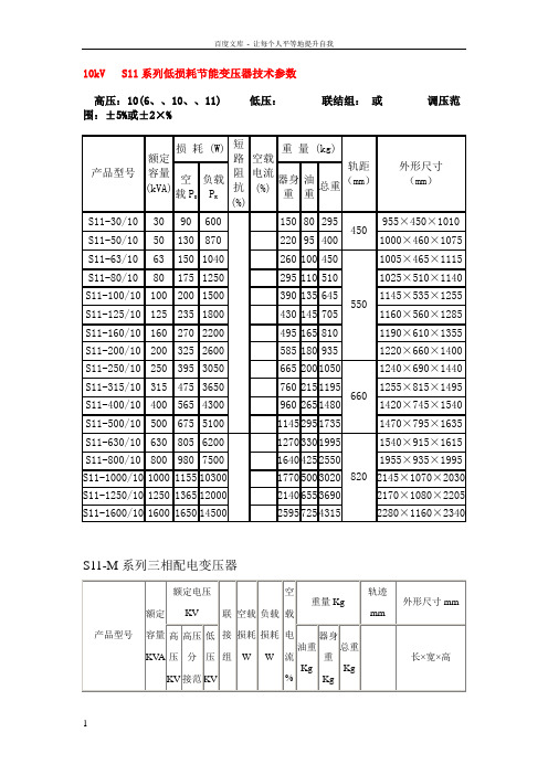 S11变压器型号参数