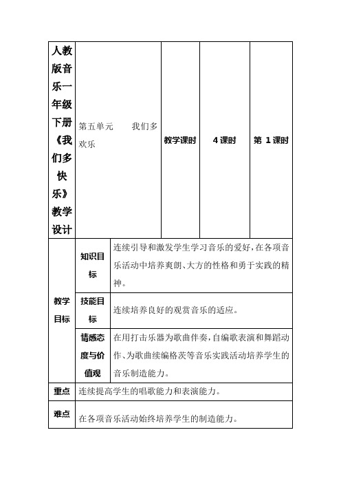 人教版音乐一年级下册《我们多快乐》教学设计