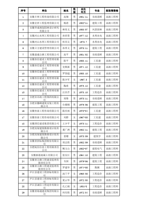 2015年合肥市非国有建设工程高级工程师专业技术资格评审通过人员名单