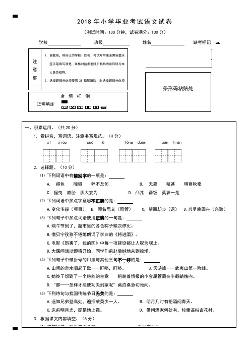 2018年小学毕业考试语文试卷