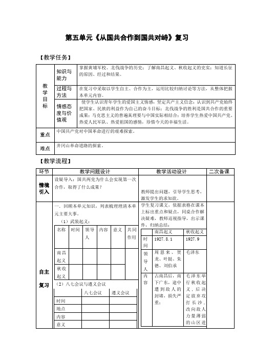 八年级历史上册-第五单元复习 从国共合作到国共对峙【教案】