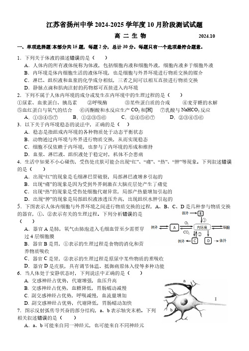 江苏省扬州中学2024-2025学年高二上学期10月月考试题 生物(含答案)