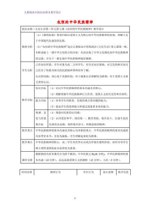 高中政治必修3教学设计18：7.1 永恒的中华民族精神教案