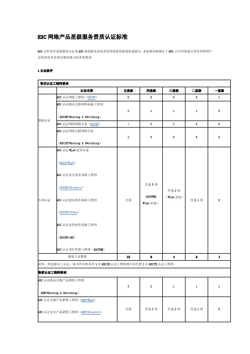 H3C网络产品星级服务资质认证标准