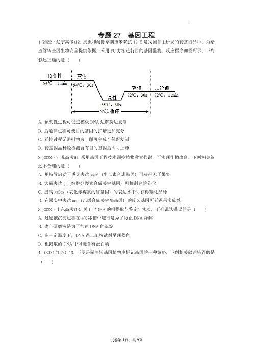 2023年高考生物真题分项汇编(全国通用)：基因工程 (原卷版) 