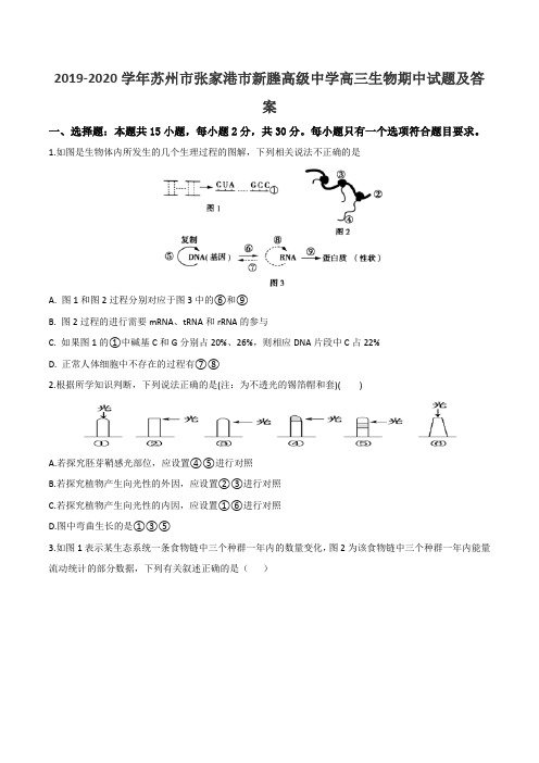 2019-2020学年苏州市张家港市新塍高级中学高三生物期中试题及答案