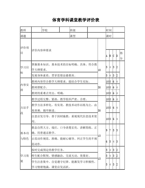 体育课堂教学评价表