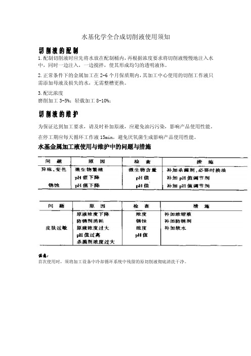 水基化学全合成切削液使用须知