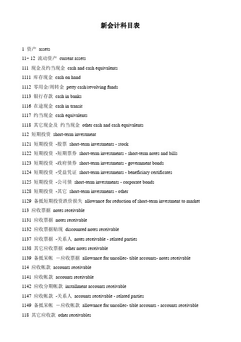 新会计准则会计科目表(中英文对照)