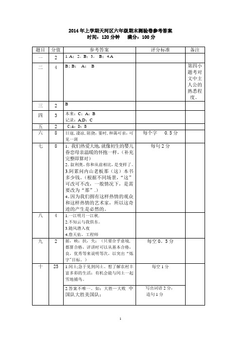 2014学年上学期天河区六年级语文期末卷评分标准