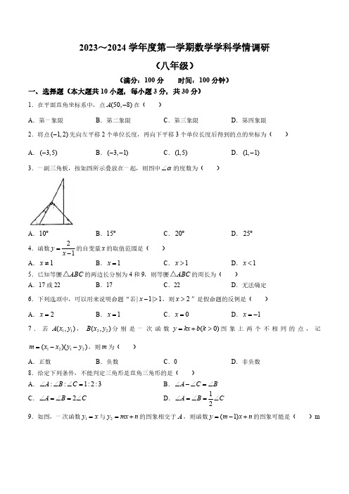 安徽省合肥市五十中教育集团望岳校区2023-2024学年八年级上学期期中数学试题(含答案)