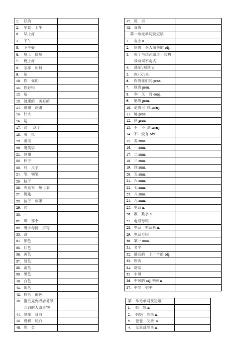 七年级英语上册新目标人教版单词表格 2013版