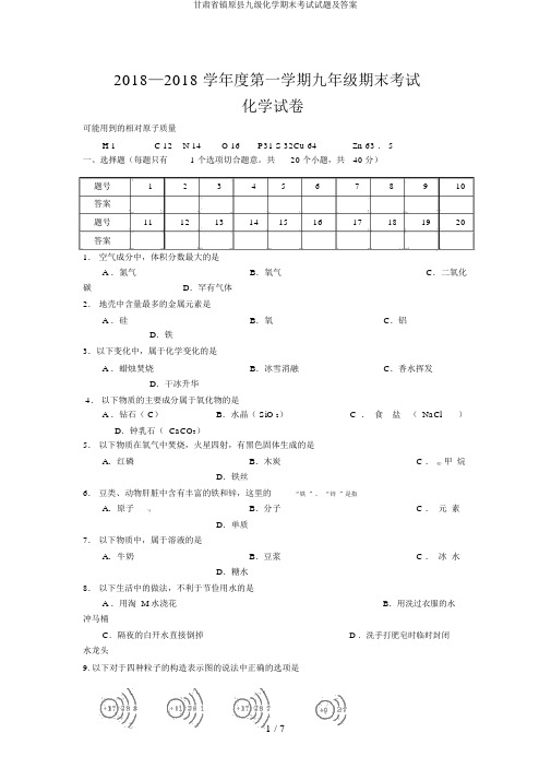 甘肃省镇原县九级化学期末考试试题及答案